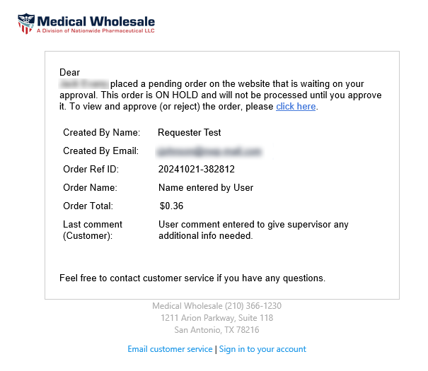 Screenshot of an email notification from Medical Wholesale informing a supervisor about a pending order on hold, including details like order ID, name, total, and a link to approve or reject.