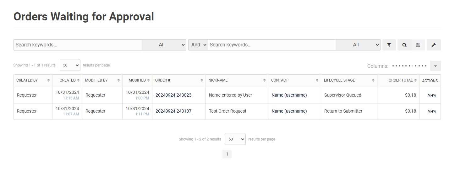 Screenshot of the "Orders Waiting for Approval" table, showing search filters, columns for created by, order number, nickname, contact, lifecycle stage, total, and actions like view.
