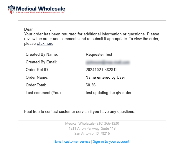 Screenshot of an email notification from Medical Wholesale to a requester about an order returned for additional information, including order ID, name, total, and last comment.