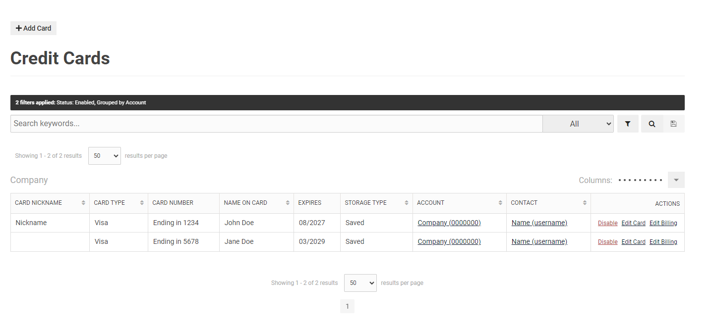 Screenshot of the Credit Cards management page, showing a table of saved cards with columns for nickname, type, number, name on card, expires, storage type, account, contact, and actions like disable or edit.