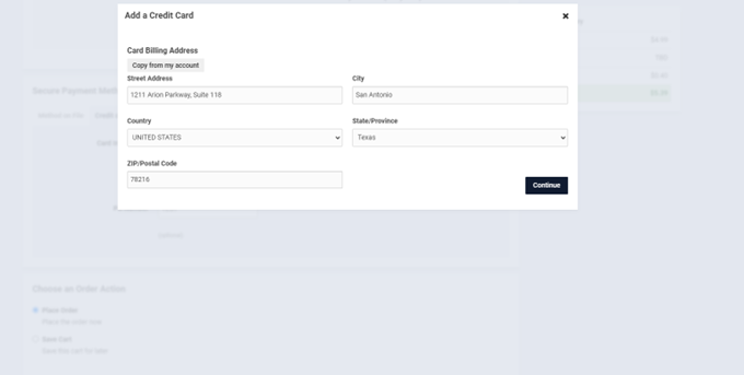 Screenshot of the Add a Credit Card popup form for billing address, pre-filled with street address, city, country, state, and ZIP code, with a Continue button.