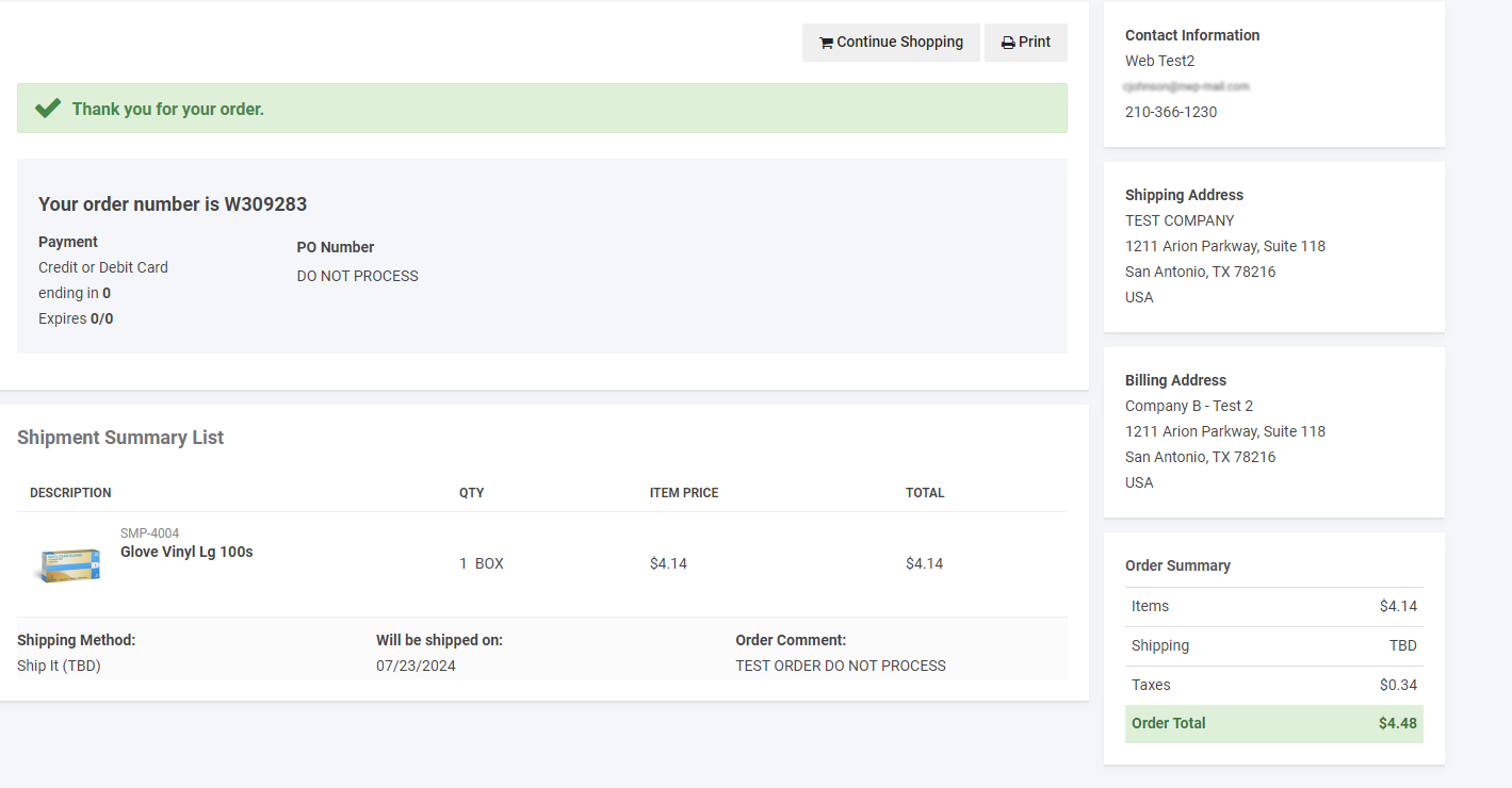 Order Placed Confirmation Screen